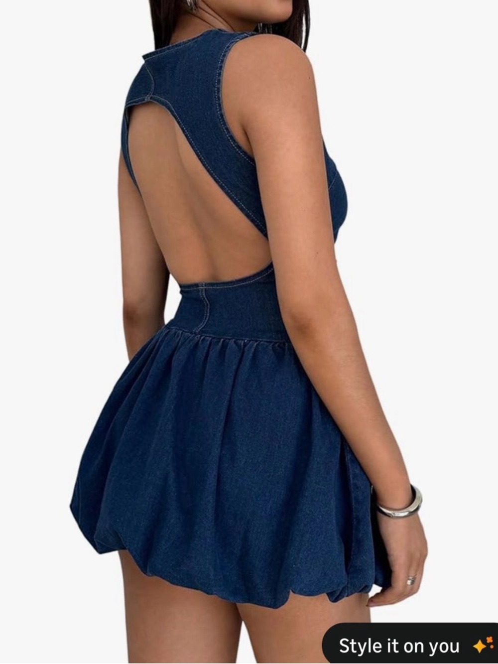 Open-Back Dark Blue Denim Mini Dress
